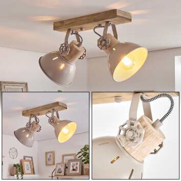 Deckenleuchte Orny mit Holzbalken im Boho Style, dreh- und schwenkbare Leuchtenköpfe