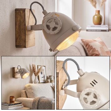 Boho Wandspot Herford mit Holz-Wandhalterung, sandfarbenem Metallschirm, dreh- und schwenkbar