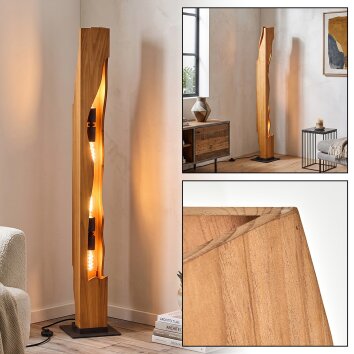 Holz-Stehleuchte Sernadelo mit geschwungenen Öffnungen, Holzsäule in Naturfarben, 4-flammig