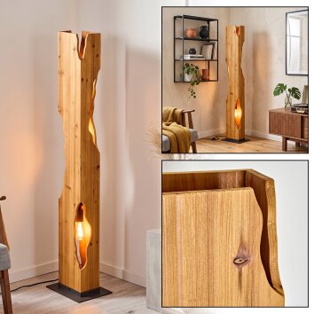 Stehleuchte Sernadelo, naturfarbene Holzsäule mit organischem Ausschnitt, offene E27-Fassung