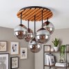 Moderne Deckenleuchte Gastor mit Holzlamellen-Abdeckung und 5 Rauchglasschirmen ø 15 cm