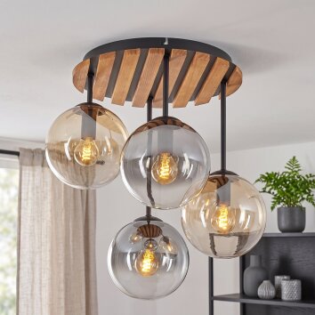 Naturfarbene Boho-Cluster-Deckenleuchte Gastor mit 4 Glasschirmkugeln
