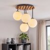 Cluster-Deckenleuchte Gastor mit 4 weißen Glaskugeln und Boho-Holzlamellen