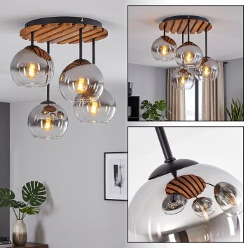 Boho Cluster-Deckenleuchte Koyoto mit naturfarbener Holzlamellenplatte und 4 klaren Schirmen