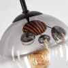 Kugel-Deckenleuchte Koyoto mit Holzlamellenplatte und 4 klaren rauchfarbenen Glasschirmen