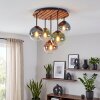 Naturfarbene Holz-Cluster-Deckenleuchte Gastor mit 5 bunten Glasschirmen