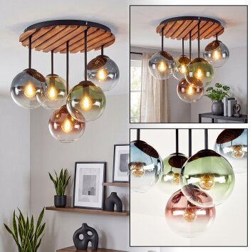 Naturfarbene Holz-Cluster-Deckenleuchte Gastor mit 5 bunten Glasschirmen