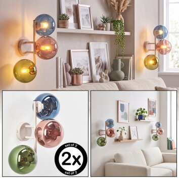 Retro-Kugel-Wandleuchte Gastor im 2er-Set mit bunten Glasschirmen und E14-Fassungen