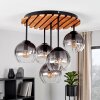 Naturfarbene Cluster-Deckenleuchte Koyoto mit Holzlamellen und 5 Rauchglasschirmen