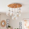 Naturfarbene Cluster-Deckenleuchte Gastor mit Holzlamellenplatte, 5 klare Glasschirme