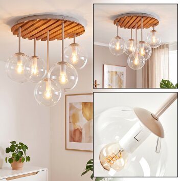 Naturfarbene Cluster-Deckenleuchte Gastor mit Holzlamellenplatte, 5 klare Glasschirme