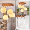 Boho Cluster-Deckenleuchte Koyoto mit 4 weißen Glaskugeln und Holzlamellenplatte