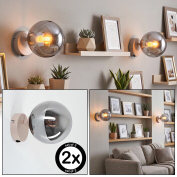 Wandleuchte Gastor im 2er-Set mit rundem Rauchglasschirm, sandfarbener Metallkörper, E14