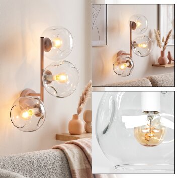 Moderne Wandleuchte Ripoll mit drei klaren Glasschirmen, sandfarbenes Metallgestell