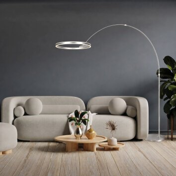 Steinhauer Ringlux silberfarbene LED 2-flammige Bogenstehlampe für Wohnzimmer dimmbar