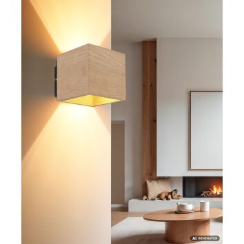 NOWA Edwin eckige Wandleuchte mit braunem Holzschirm modern, G9, 4,2 Watt, IP20