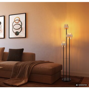 Globo Daren 3-flammige Stehlampe mit bernsteinfarbenen Glasschirmen und Travertin-Details, Messing