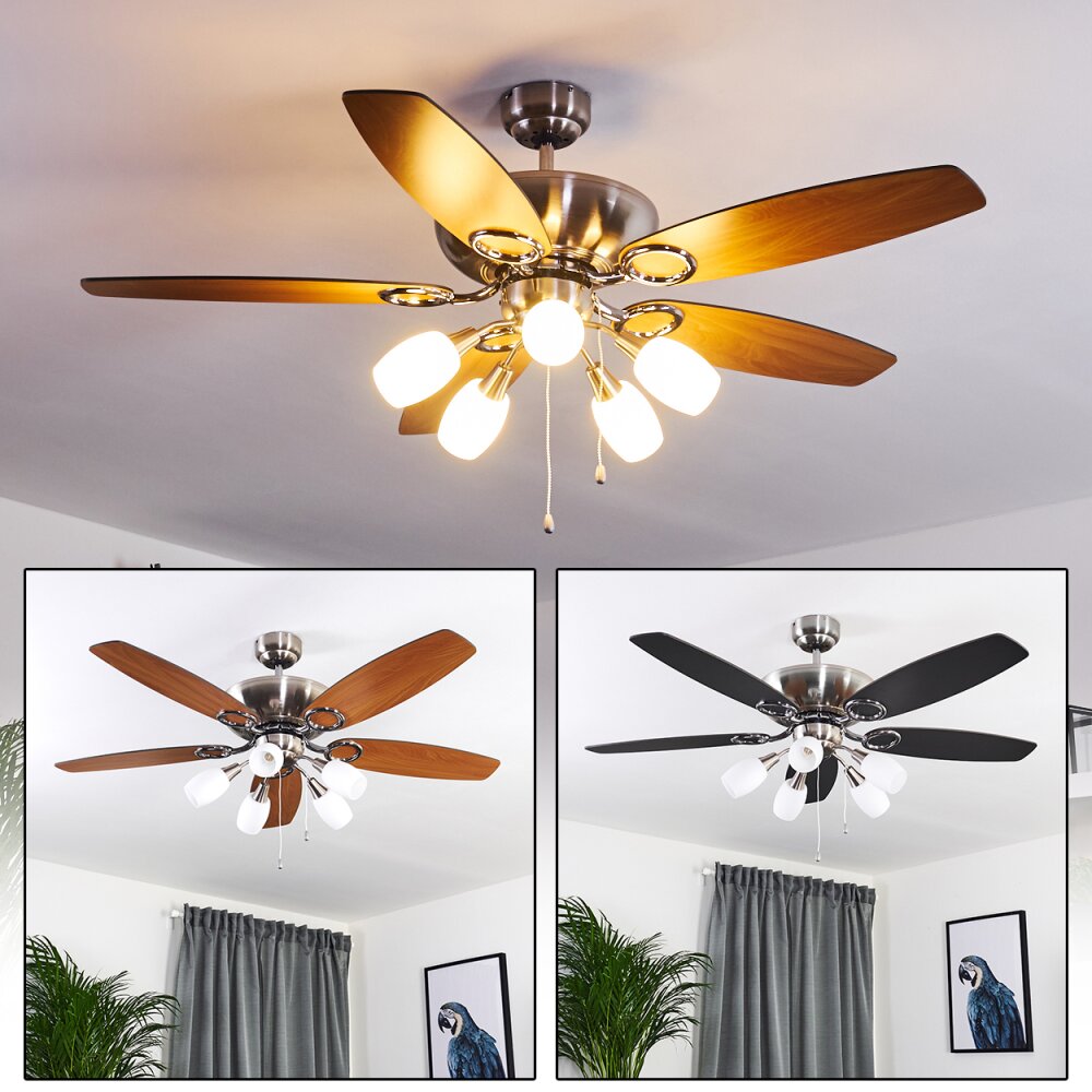Irving Deckenventilator Chrom, Grau, Holz hell, 5-flammig main product photo