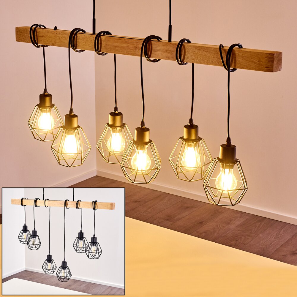 Barbengo Pendelleuchte Holz hell, Schwarz, 6-flammig main product photo